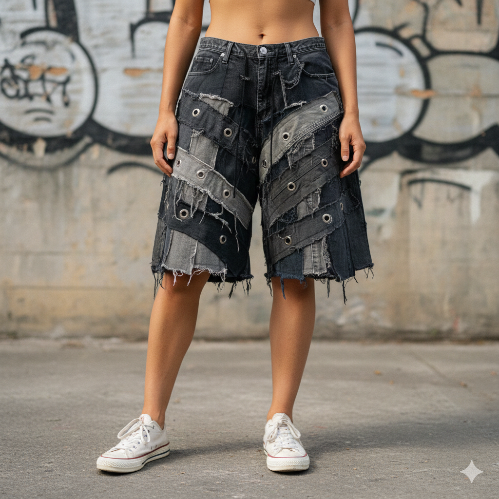 Patchwork Jorts - Rings design, 26"-32"