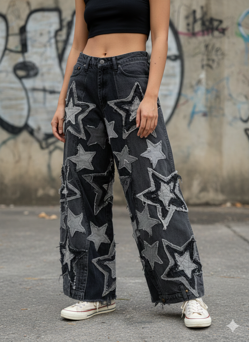 Patchwork Denim – Stars Design, Black 24"-31"