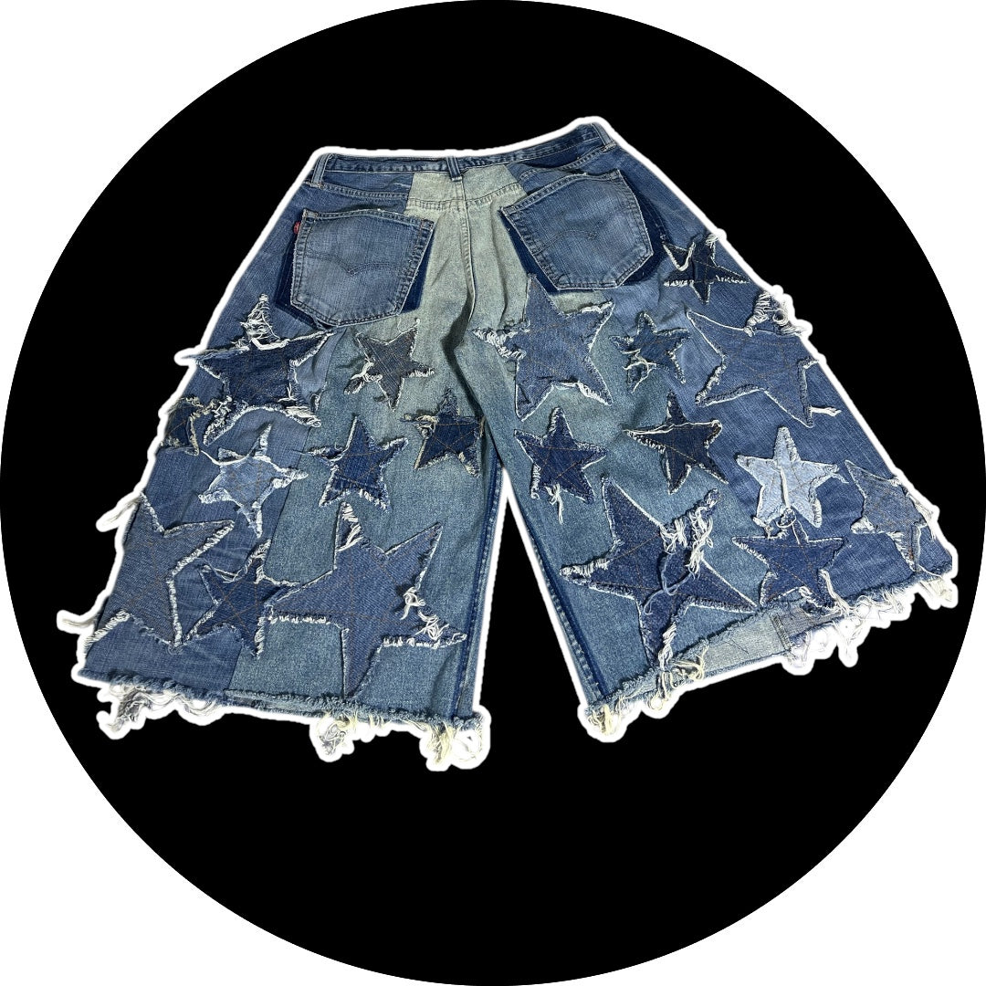 Patchwork Jorts – Stars Design, Blue Denim 26"-33"