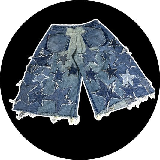 Patchwork Jorts – Stars Design, Blue Denim 26"-33"