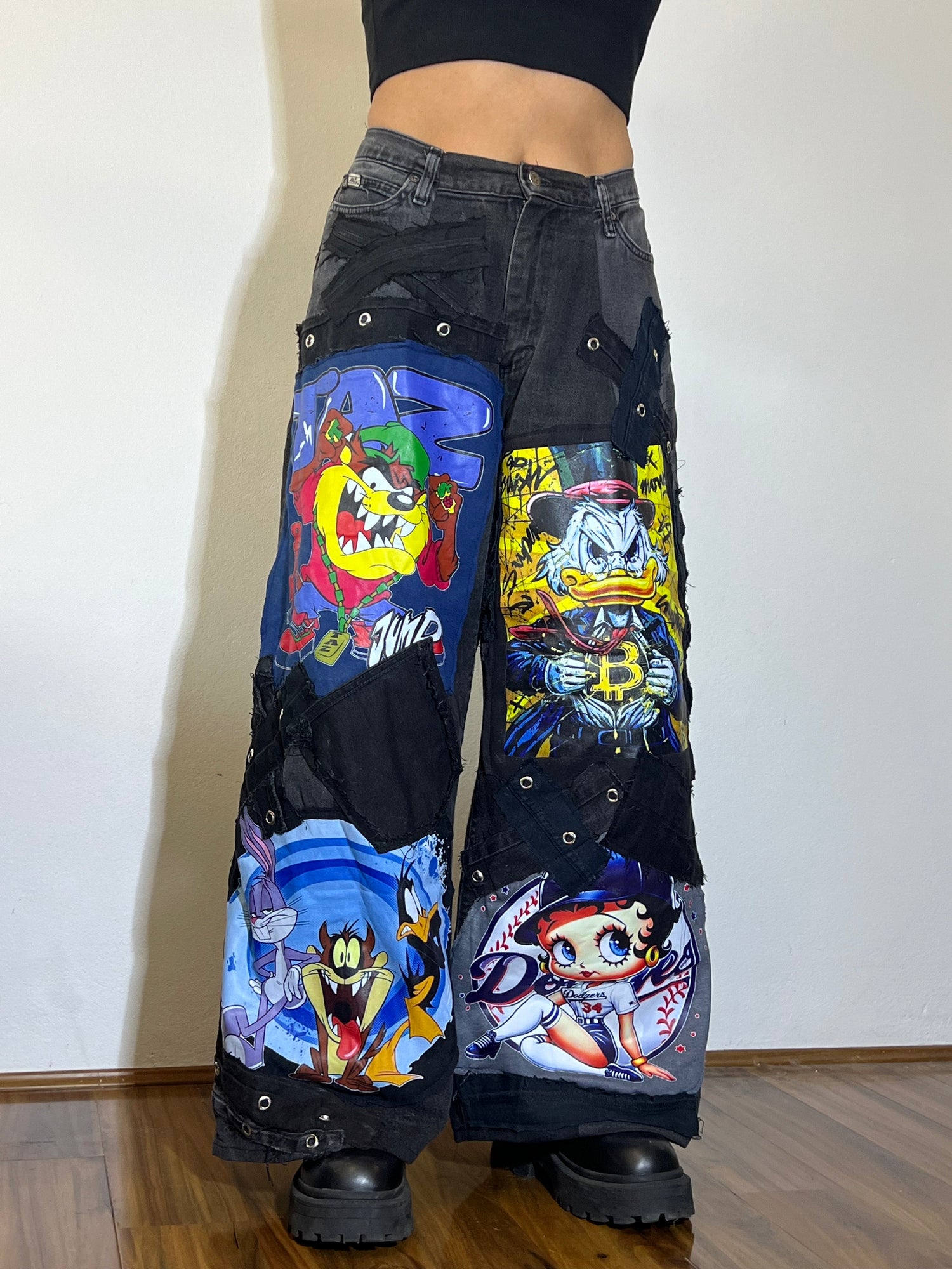 Cartoon-print patchwork pants