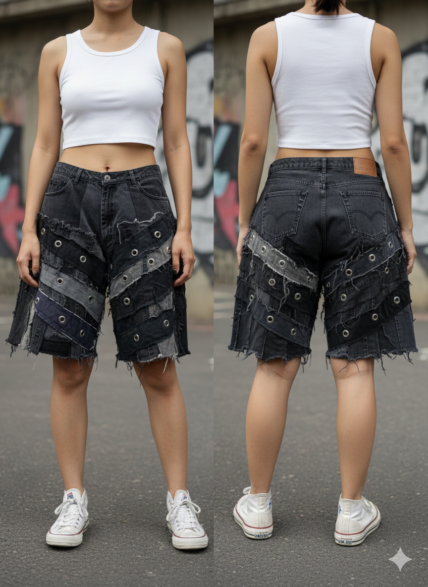 Patchwork Jorts - Rings design, 27"-35"