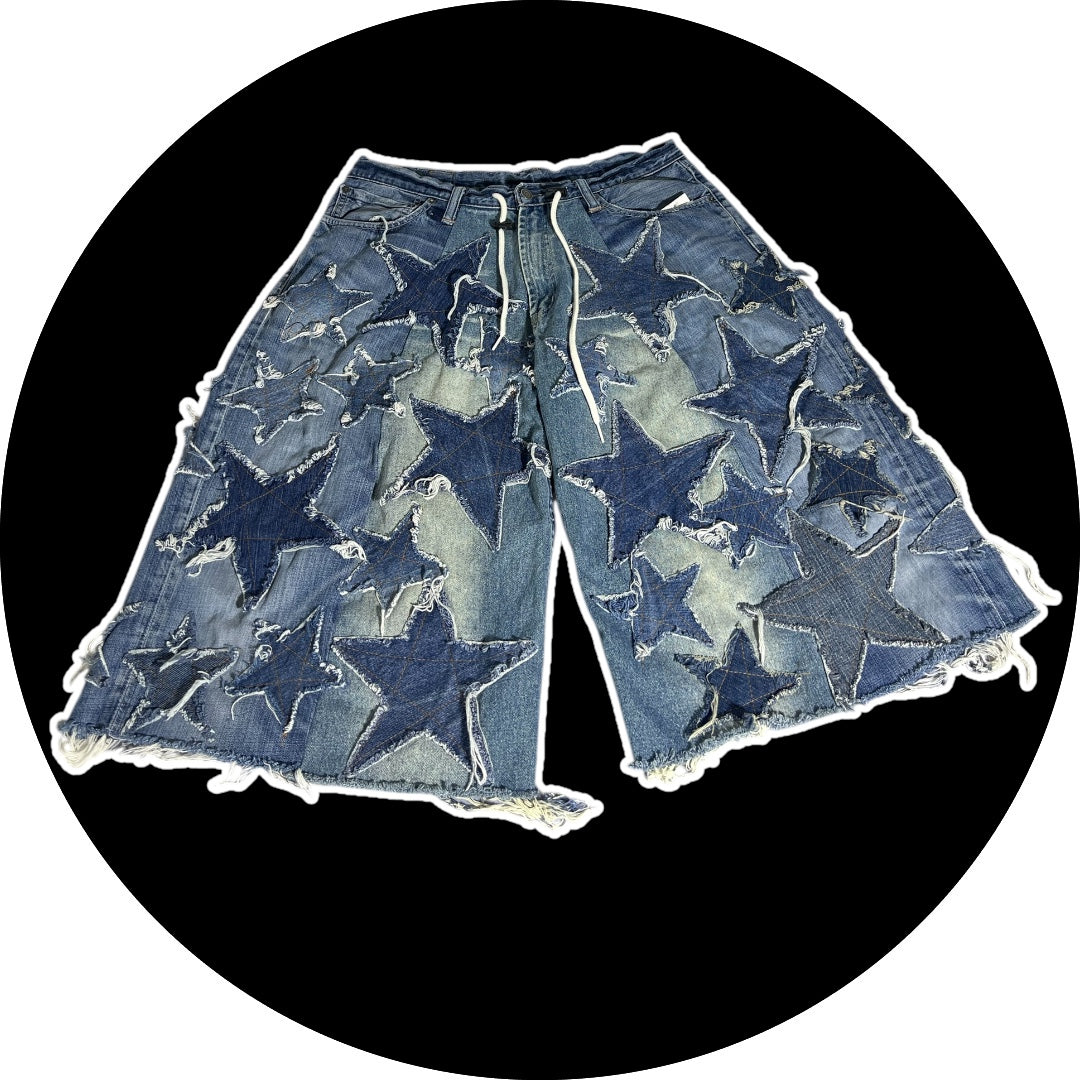 Patchwork Jorts – Stars Design, Blue Denim 26"-33"